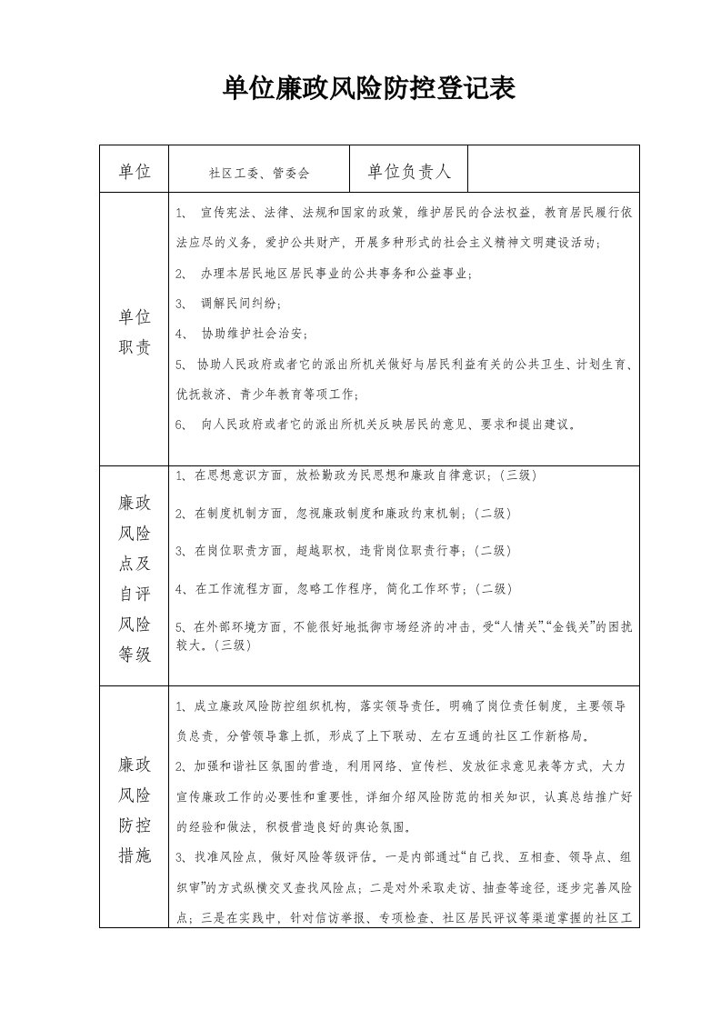 社区廉政风险防控登记表