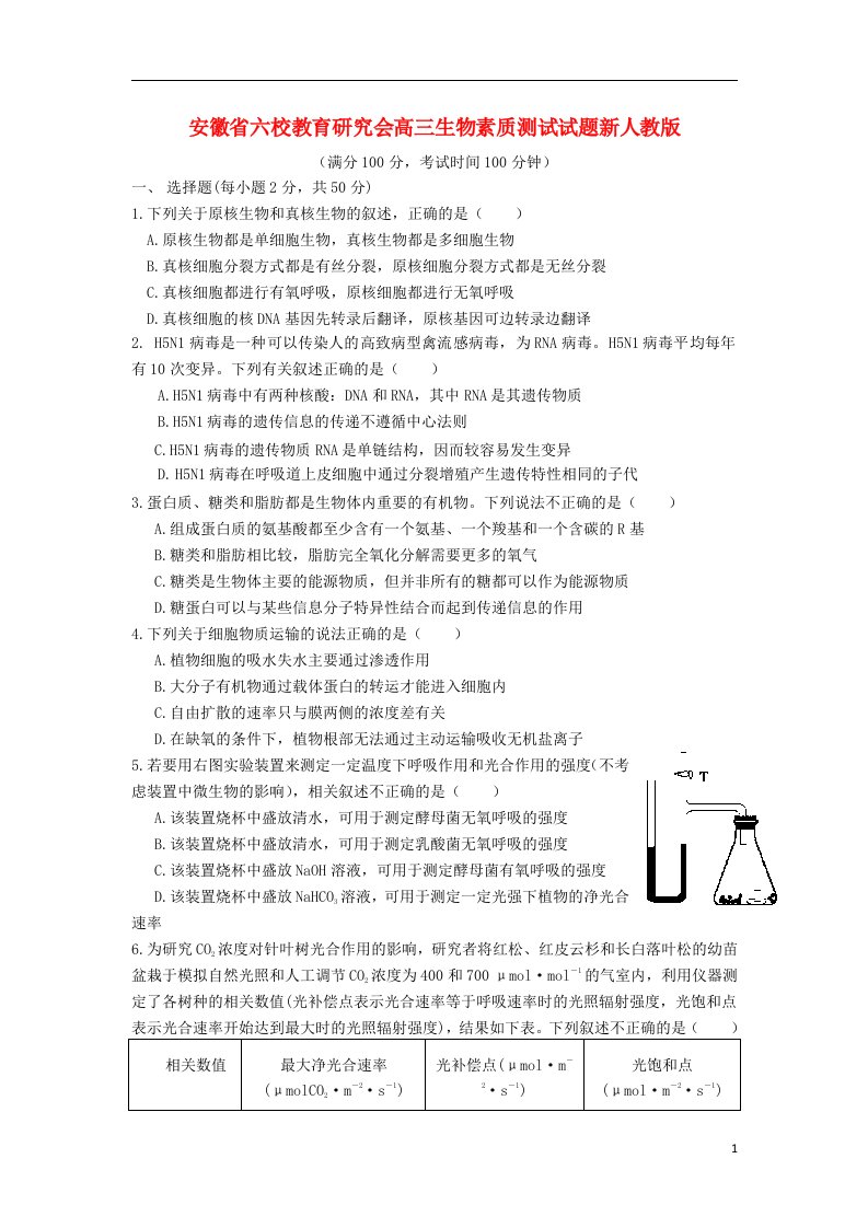 安徽省六校教育研究会高三生物素质测试试题新人教版