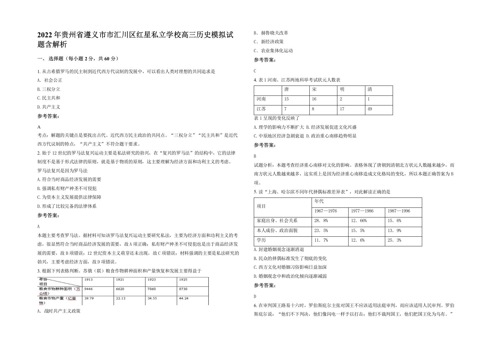 2022年贵州省遵义市市汇川区红星私立学校高三历史模拟试题含解析