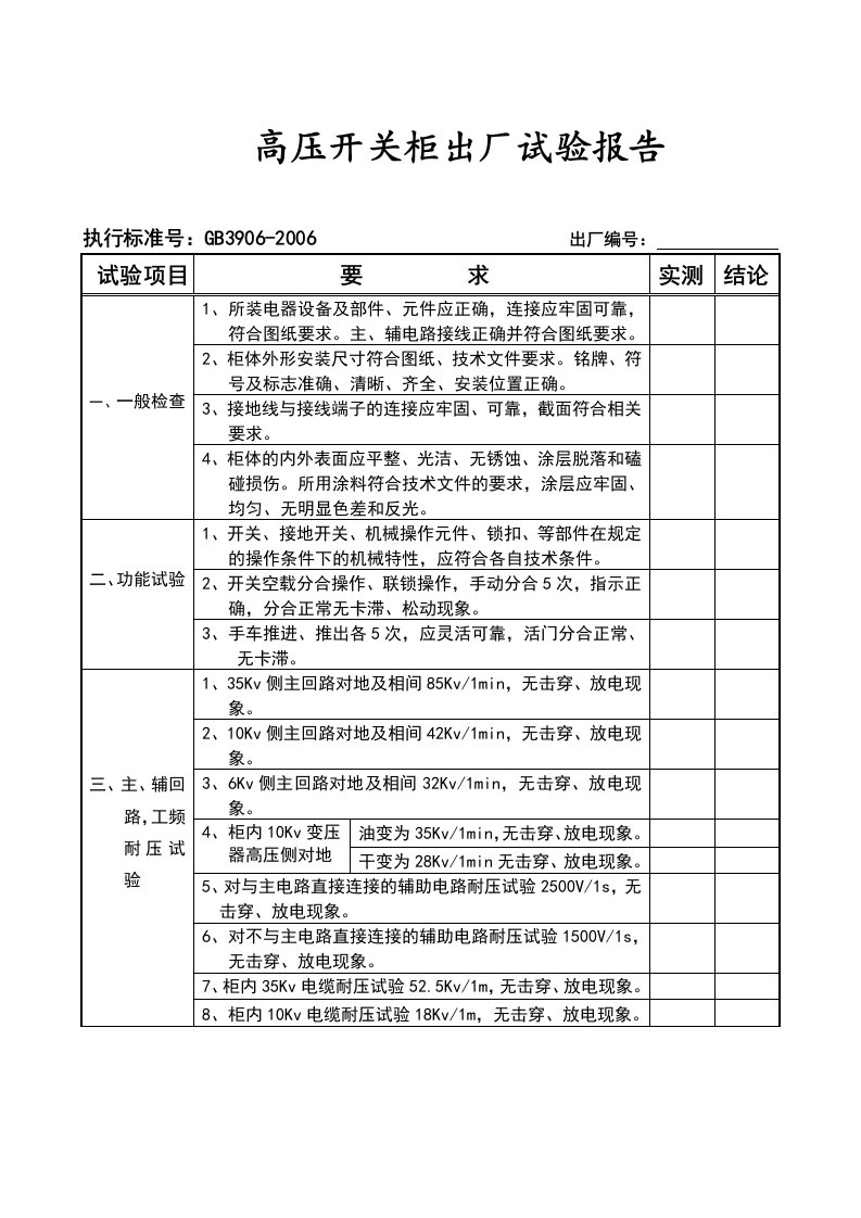 高压开关柜出厂试验报告