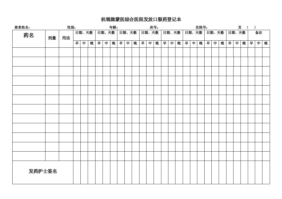 发放口服药登记本