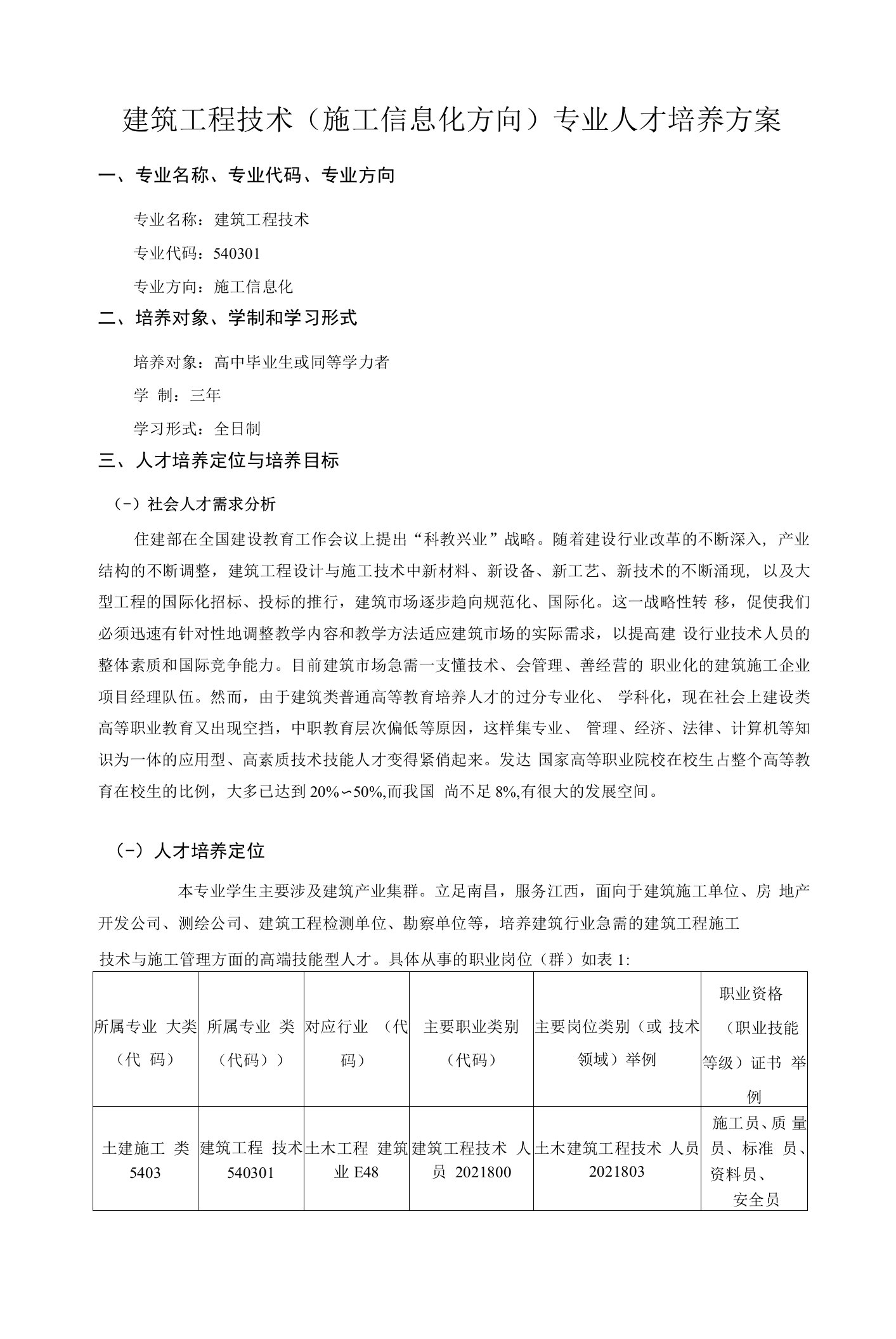 建筑工程技术施工信息化方向专业人才培养方案(高职)