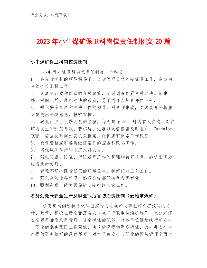 2023年小牛煤矿保卫科岗位责任制例文20篇