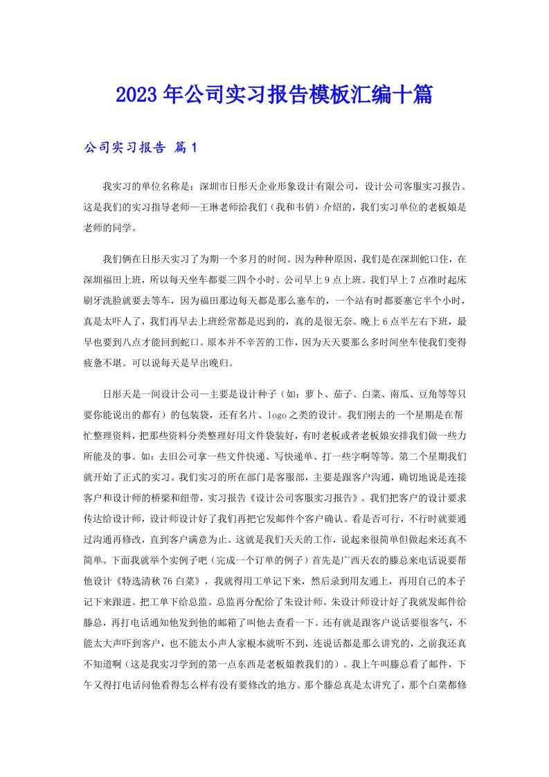 2023年公司实习报告模板汇编十篇