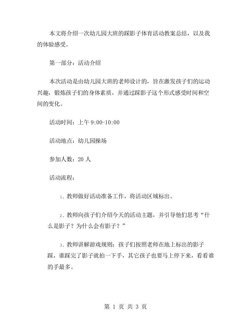 体验感受：幼儿园大班踩影子体育活动教案总结