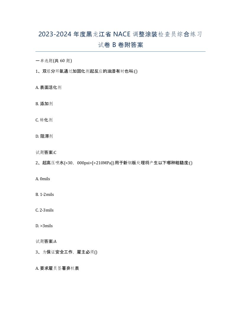 20232024年度黑龙江省NACE调整涂装检查员综合练习试卷B卷附答案