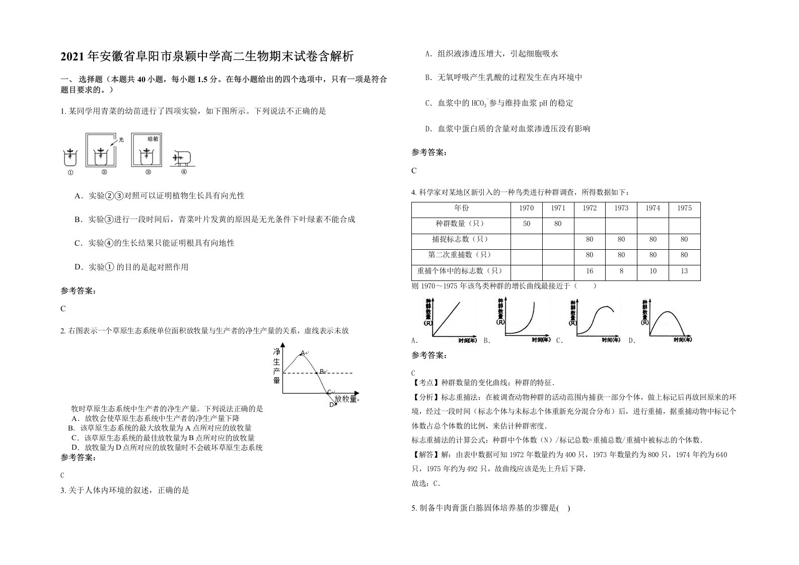 2021年安徽省阜阳市泉颖中学高二生物期末试卷含解析