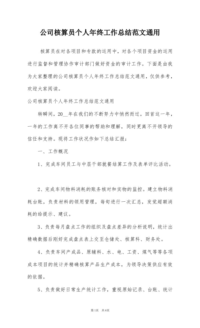 公司核算员个人年终工作总结范文通用