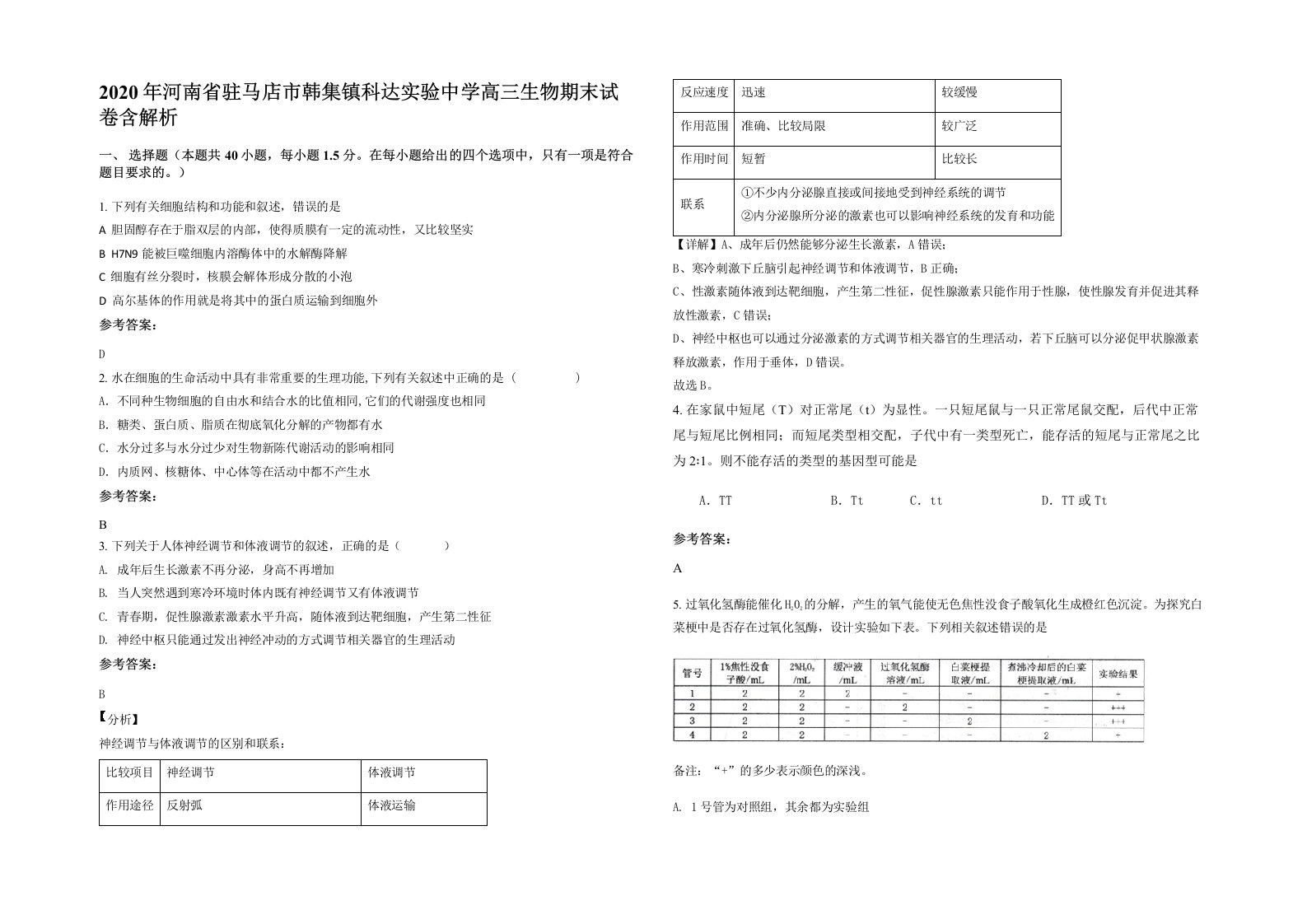 2020年河南省驻马店市韩集镇科达实验中学高三生物期末试卷含解析