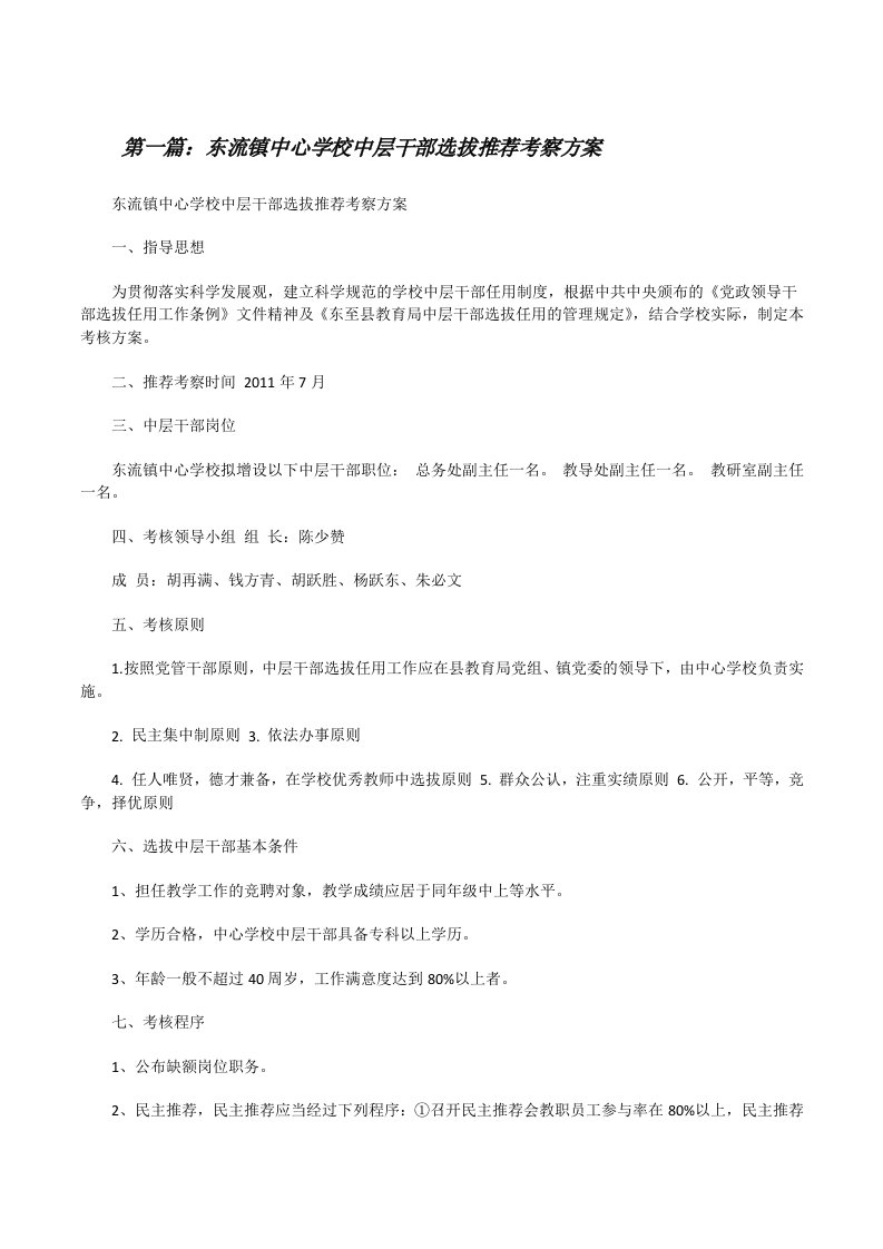 东流镇中心学校中层干部选拔推荐考察方案5篇[修改版]