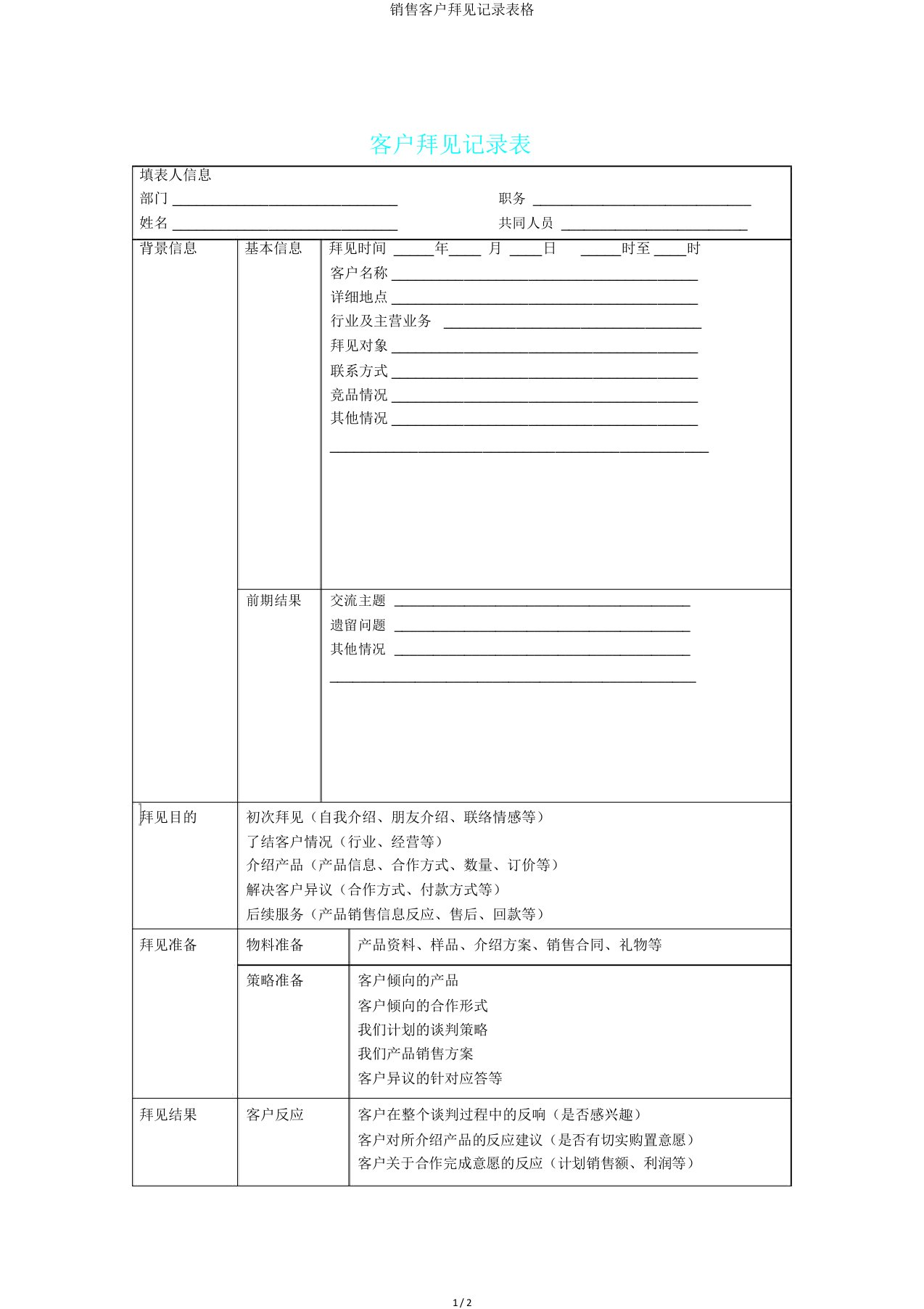 销售客户拜访记录表格