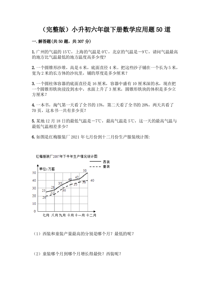 (完整版)小升初六年级下册数学应用题50道附参考答案【综合题】