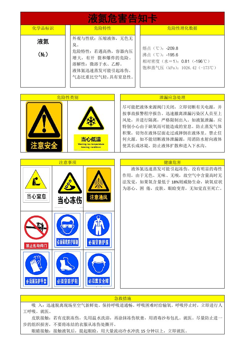 液氮危害告知卡