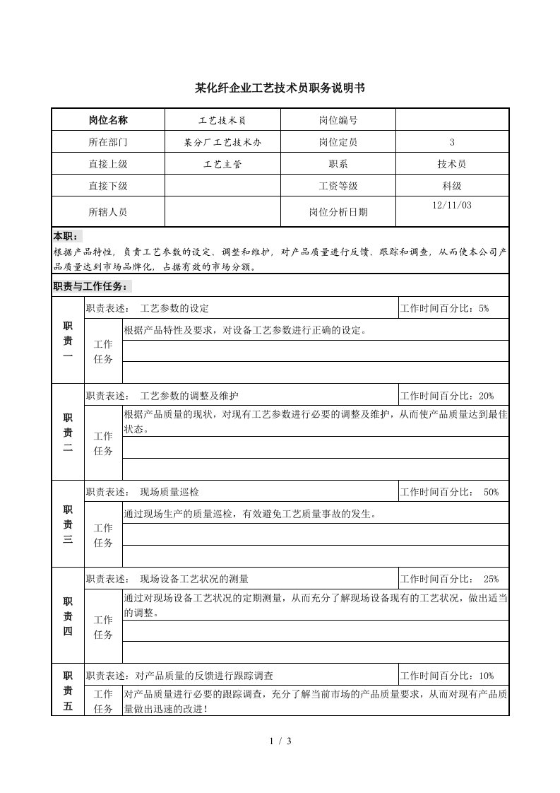 某化纤企业工艺技术员职务说明书