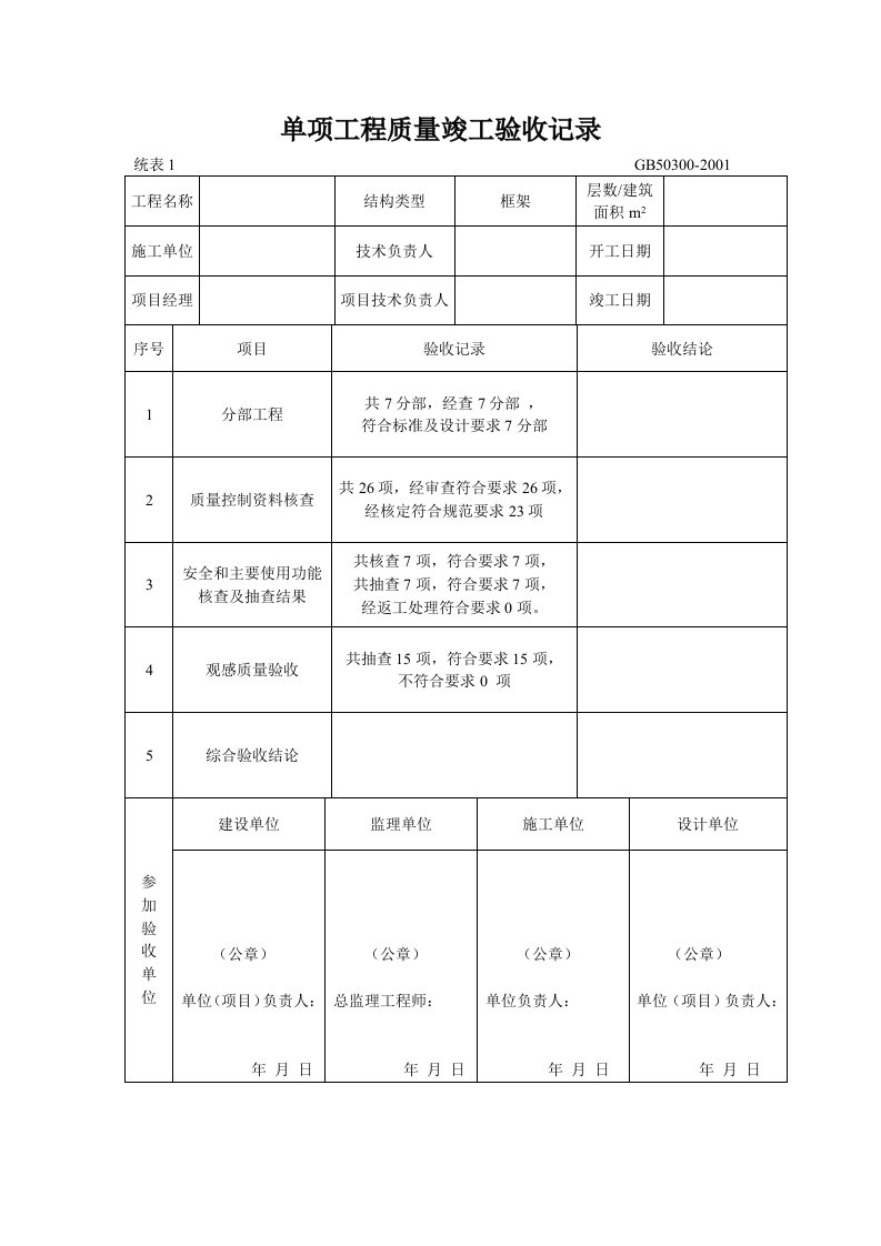 单位工程施工质量验收记录