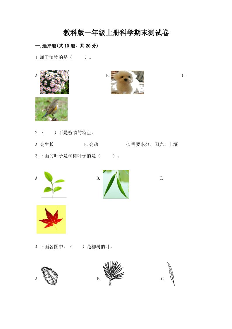 教科版一年级上册科学期末测试卷精品【历年真题】