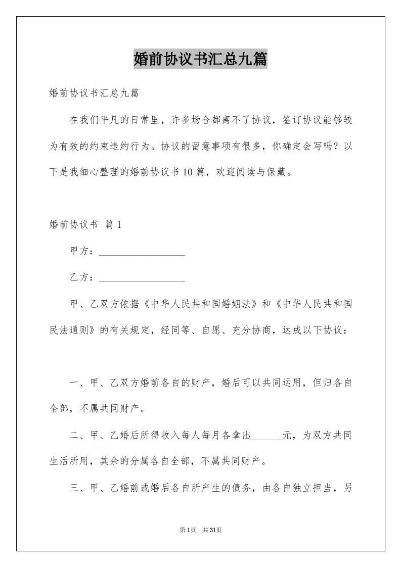 婚前协议书汇总九篇