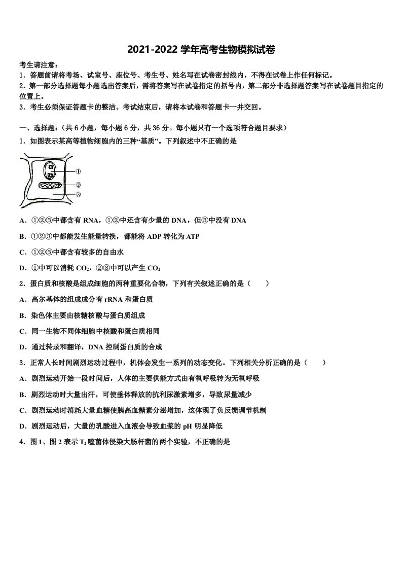 2022届江苏省苏州陆慕高级中学高三第一次模拟考试生物试卷含解析