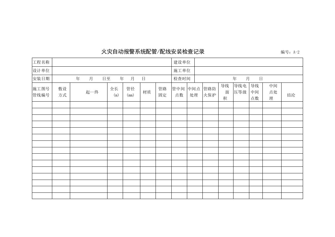 建筑资料-编号：A2火灾自动报警系统配管配线安装检查记录