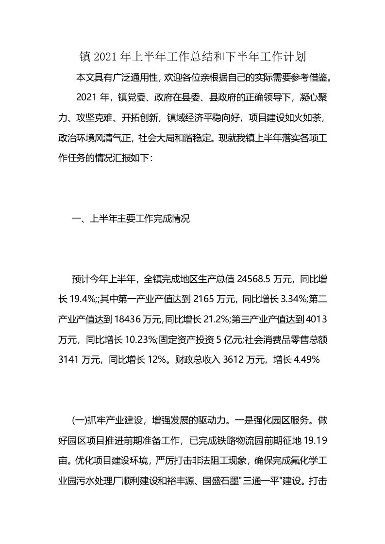 镇2021年上半年工作总结和下半年工作计划