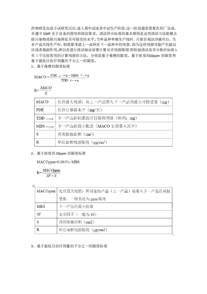 清洁验证限度计算及方法学验证