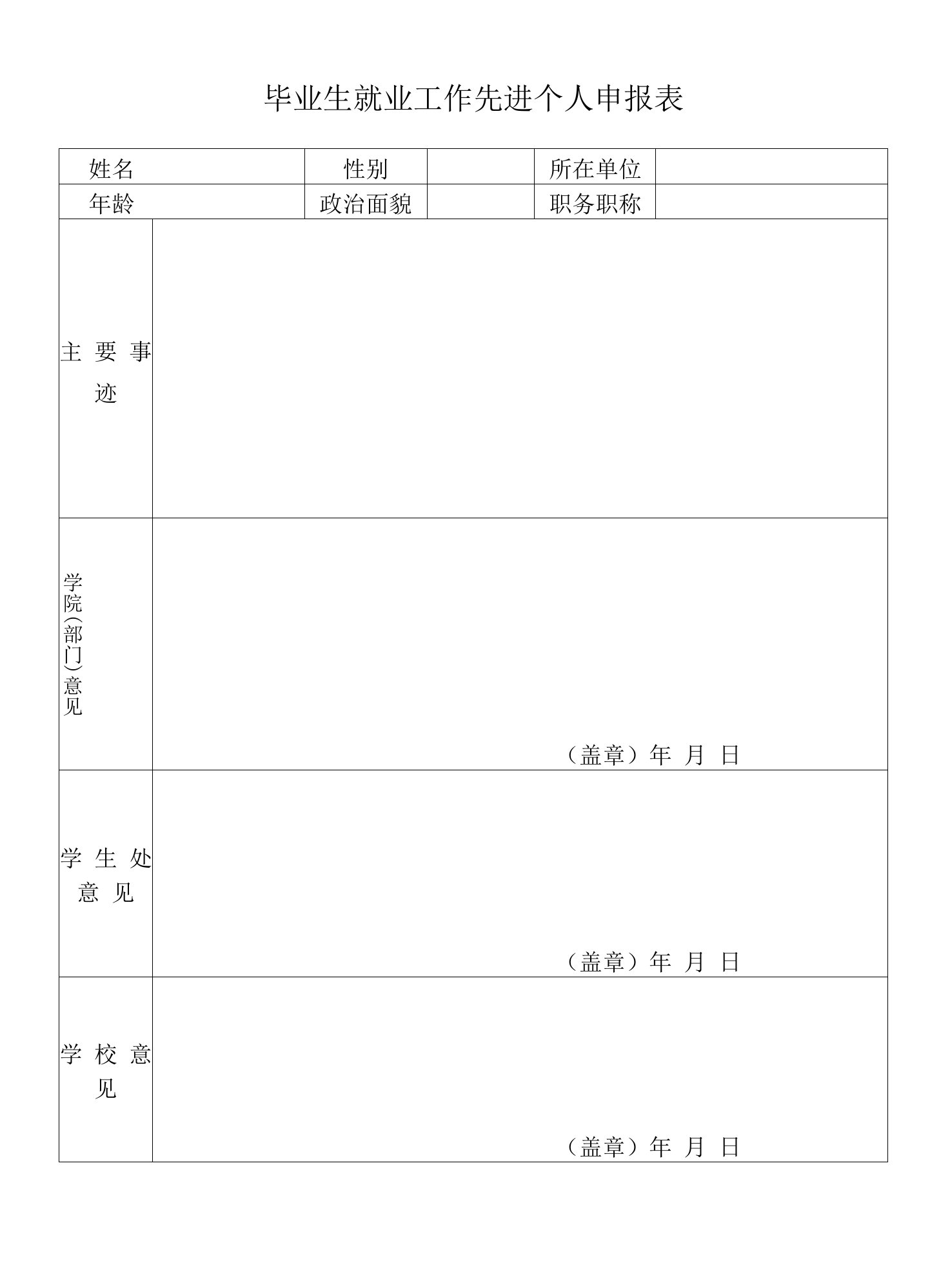 毕业生就业工作先进个人申报表（模板）