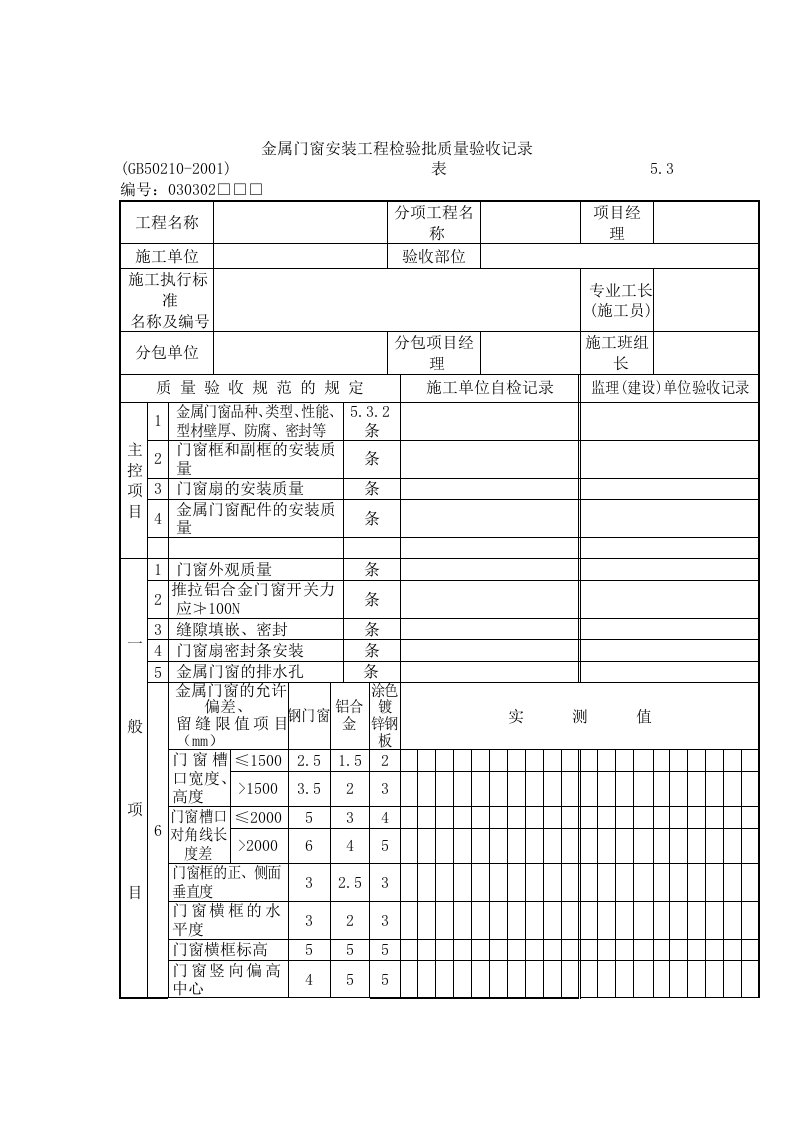 金属门窗安装工程检验批质量验收记录