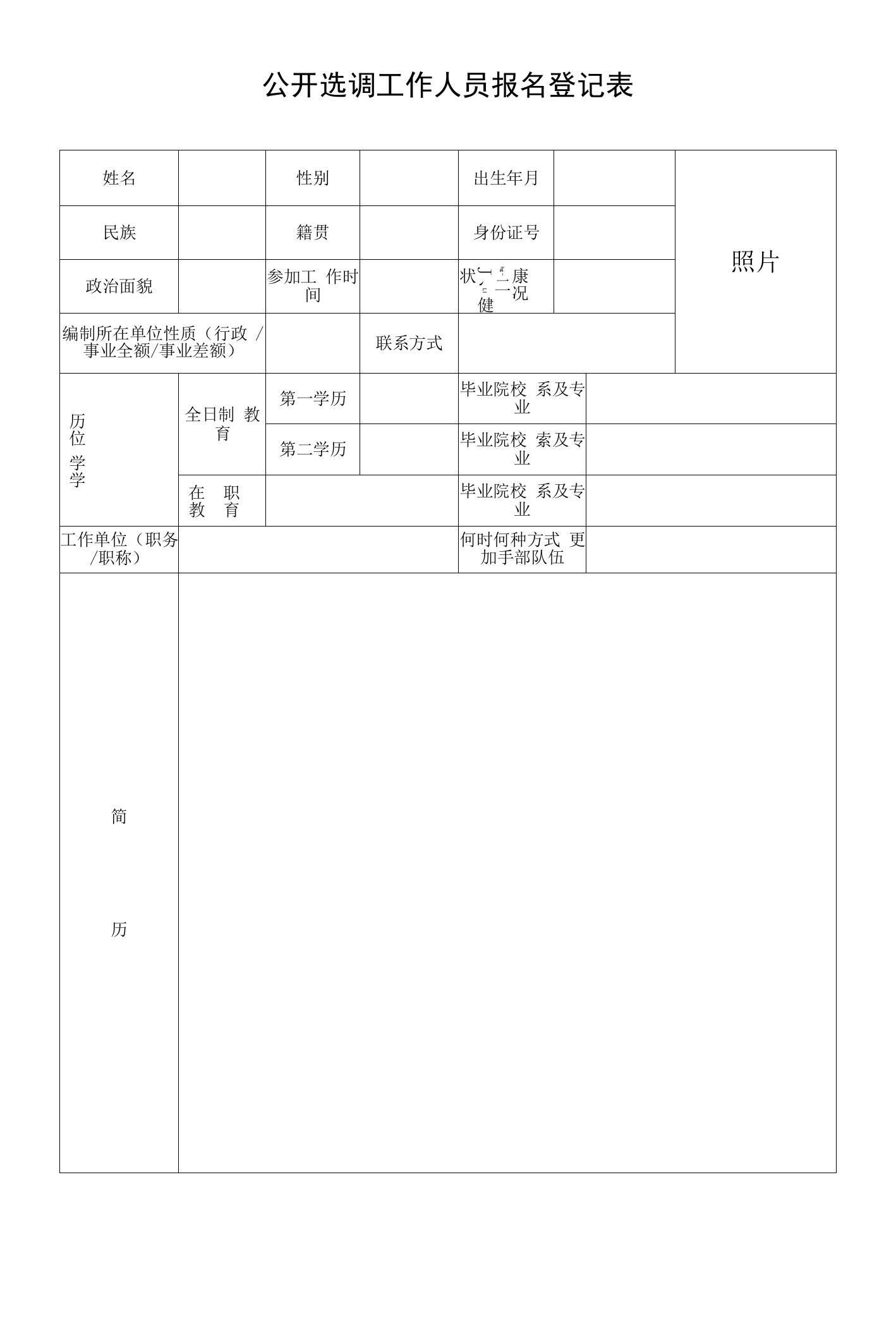 公开选调工作人员报名登记表