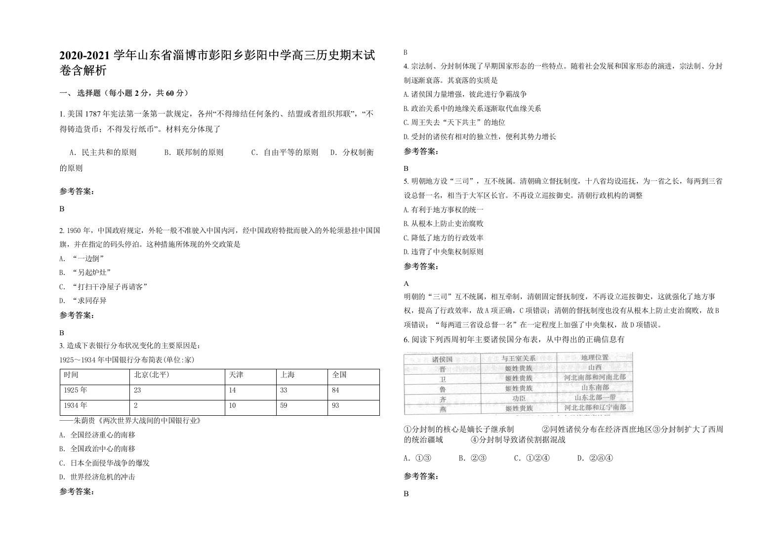 2020-2021学年山东省淄博市彭阳乡彭阳中学高三历史期末试卷含解析