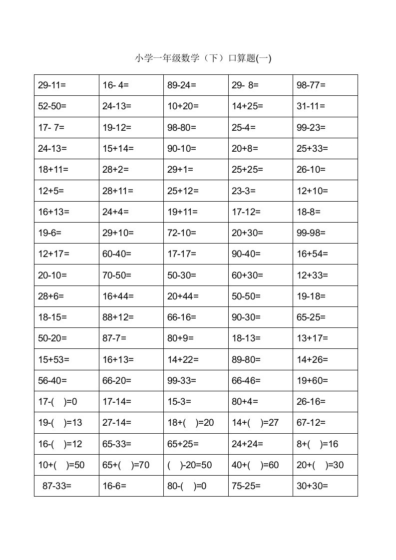 一年级口算过关测试题(100以内进退位加减法)口算不用愁非常实用