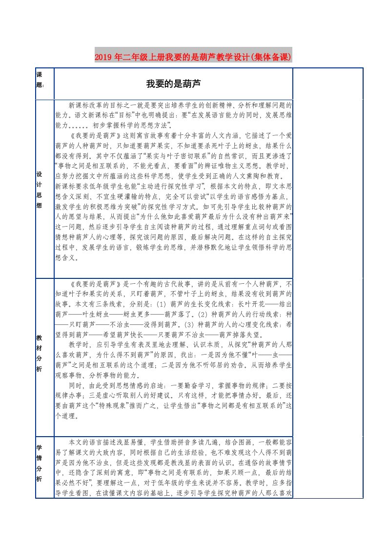 2019年二年级上册我要的是葫芦教学设计(集体备课)