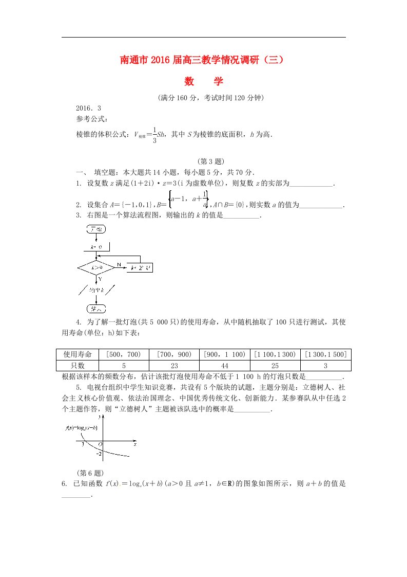 江苏省南通市2016届高三数学下学期第三次教学情况调研测试试题