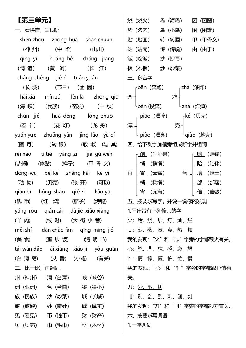 人教版二年级语文下册第三单元复习基础知识点