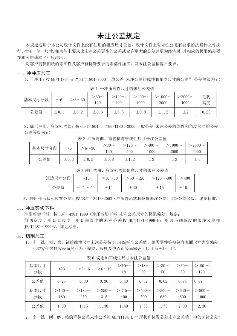 未注自由公差规定