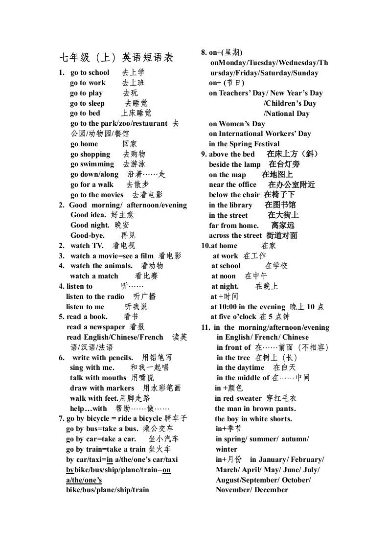 冀教版七年级英语上册词组归纳