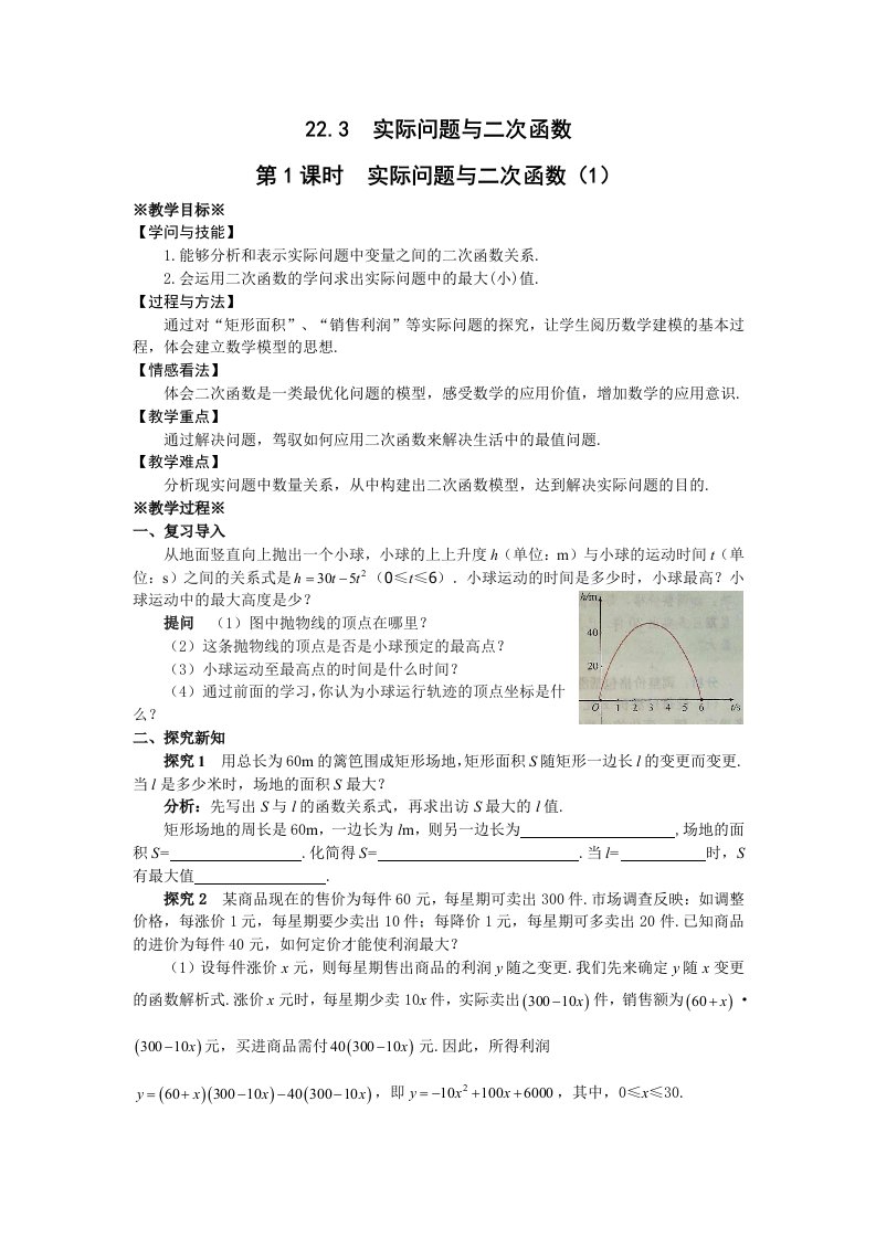 2023-2024学年人教版九年级数学上22.3实际问题与二次函数第一课时教案