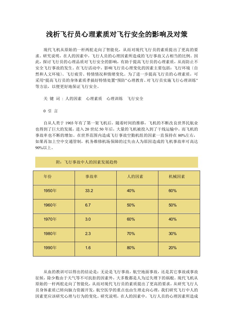 浅析飞行员心理素质对飞行安全的影响及对策