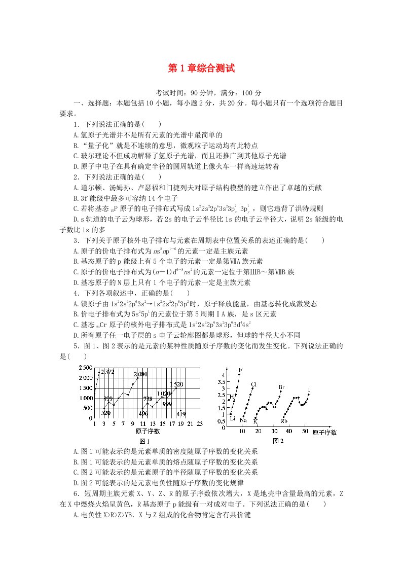 2023版新教材高中化学第1章原子结构与元素性质综合测试鲁科版选择性必修2