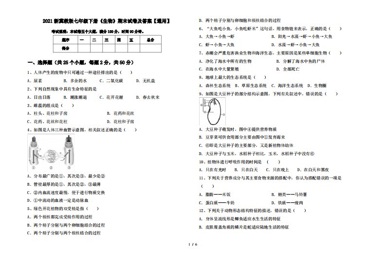 2021新冀教版七年级下册《生物》期末试卷及答案