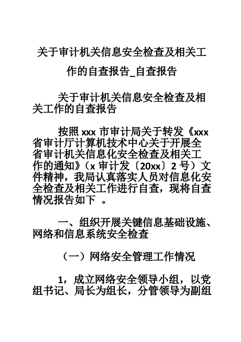 关于审计机关信息安全检查及相关工作的自查报告