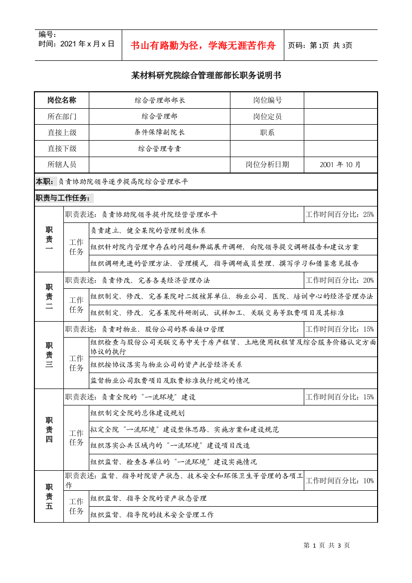 综合管理部部长职务说明书