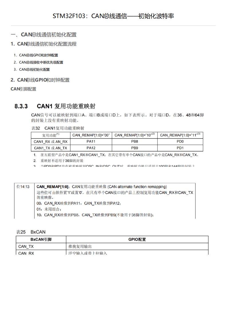 STM32F103CAN总线通信初始化波特率