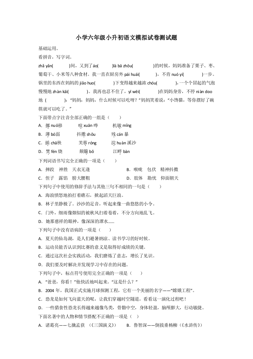 小学六年级小升初语文模拟试卷测试题