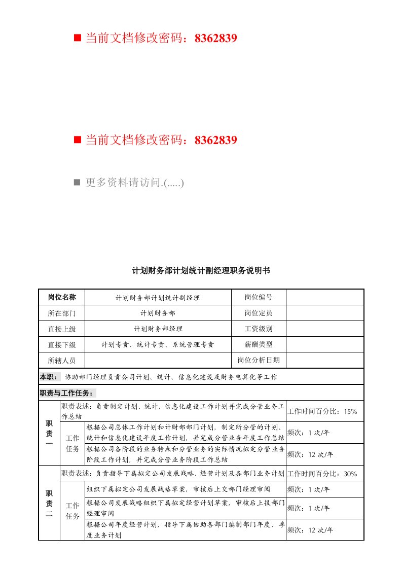 计划财务部计划统计副经理工作说明书