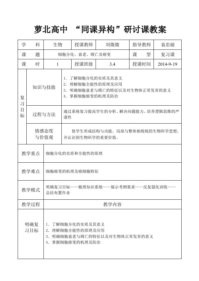 细胞分化、衰老、凋亡和癌变教案