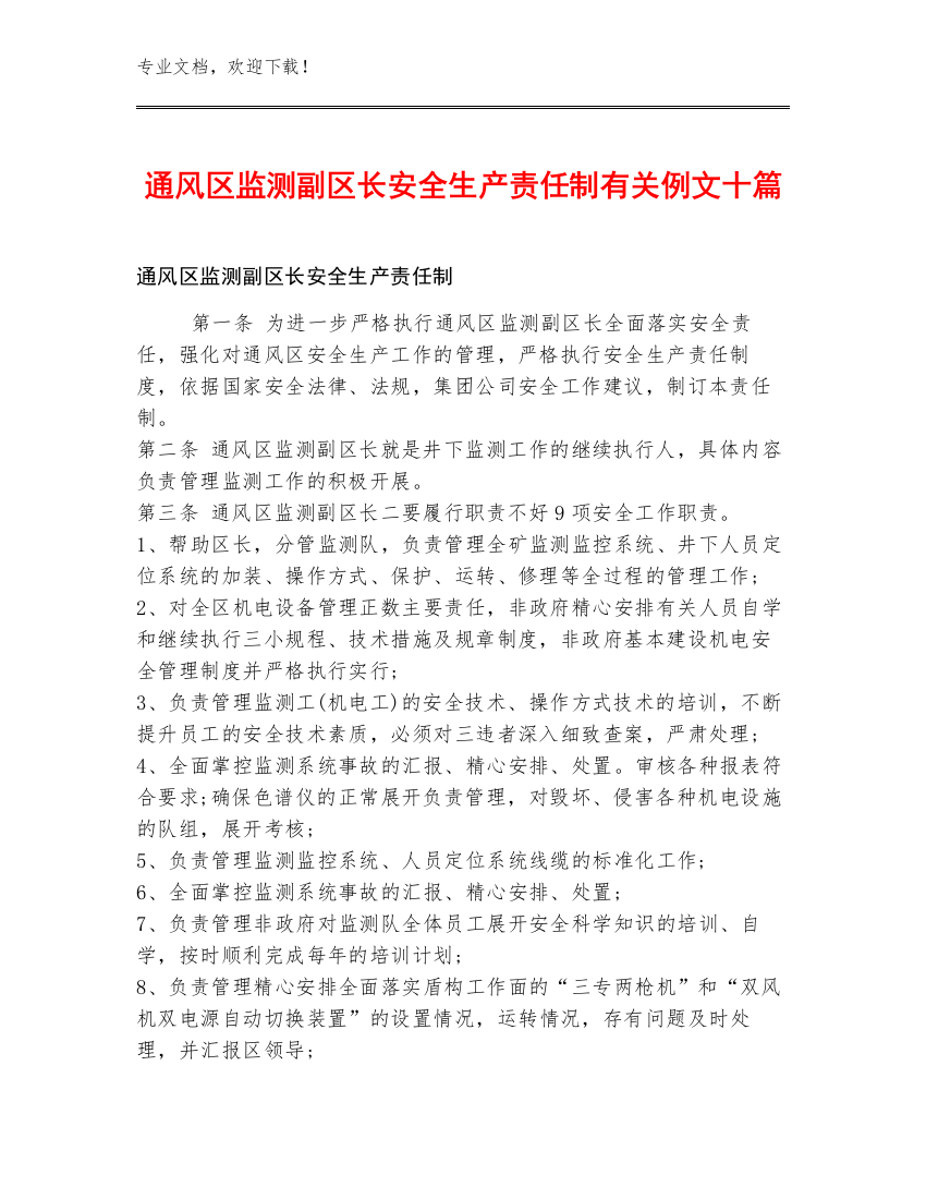 通风区监测副区长安全生产责任制例文十篇