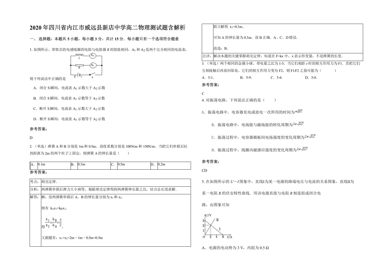 2020年四川省内江市威远县新店中学高二物理测试题含解析