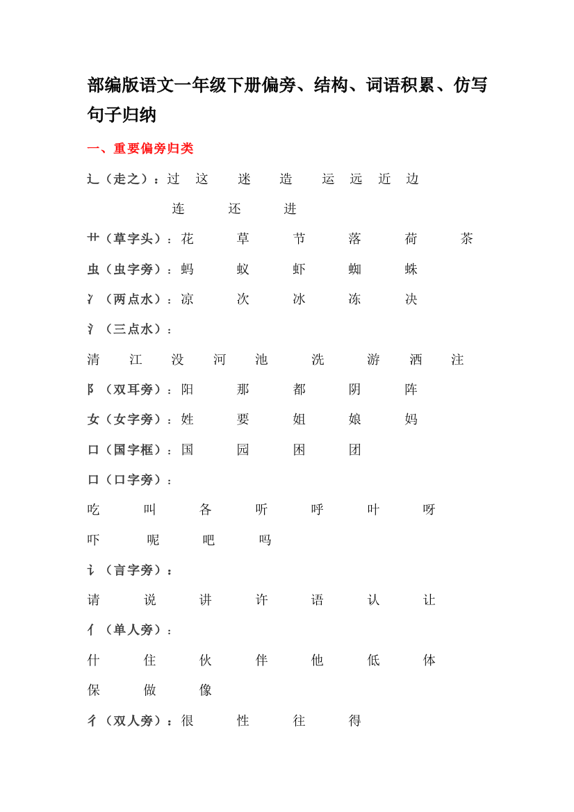 (完整word版)部编版一年级下册偏旁部首、结构、仿写句子