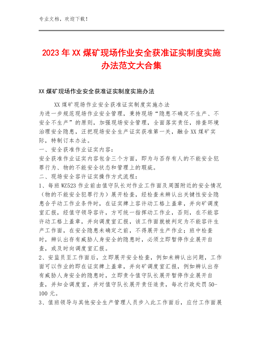 2023年XX煤矿现场作业安全获准证实制度实施办法范文大合集