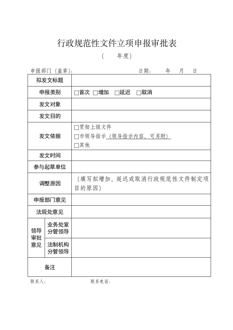 行政规范性文件立项申报审批表